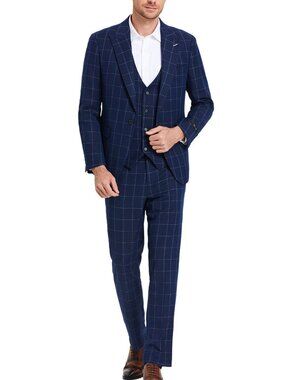 Blue Windowpane Peak Lapel Skinny Fit 3 Piece Men's Suit